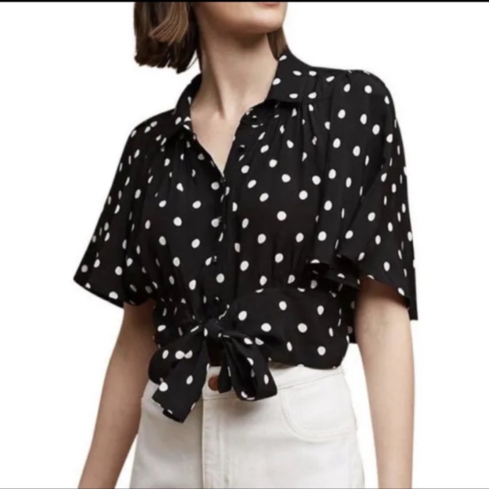 Anthropologie Maeve Cropped Polka Dot Blouse